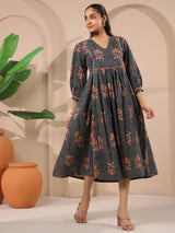 Navy Blue Floral Printed Cotton Midi Dress
