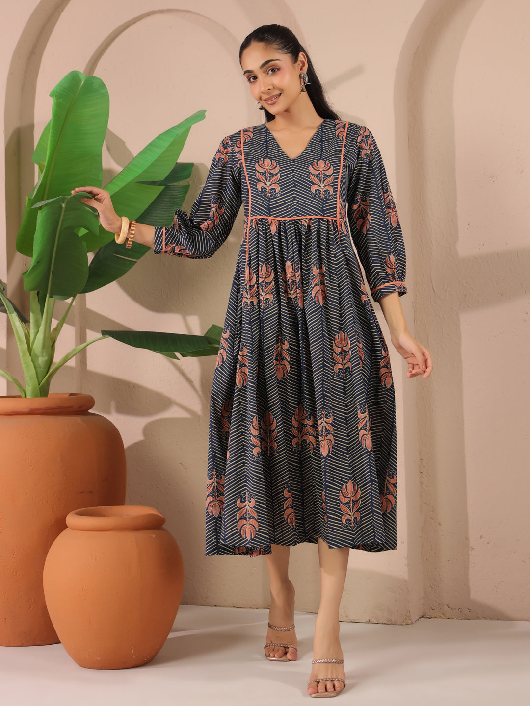 Navy Blue Floral Printed Cotton Midi Dress