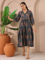 Navy Blue Floral Printed Cotton Midi Dress