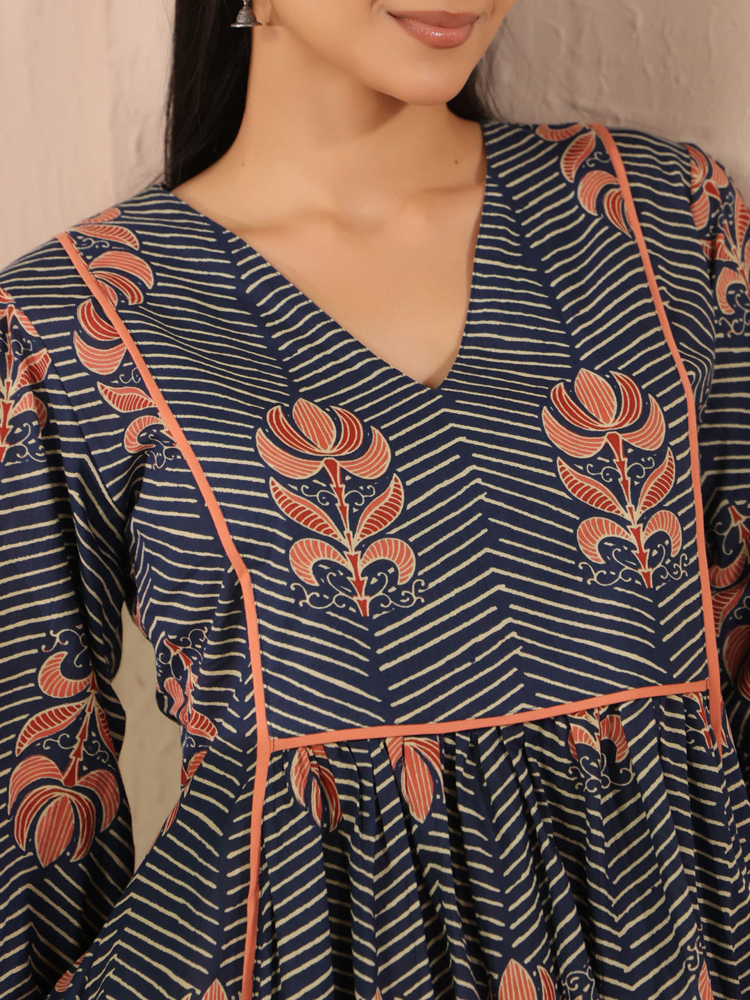 Navy Blue Floral Printed Cotton Midi Dress
