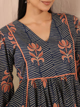 Navy Blue Floral Printed Cotton Midi Dress