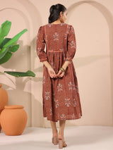 Maroon Floral Printed Cotton Midi Dress