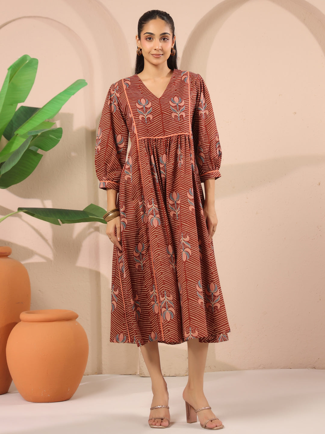 Maroon Floral Printed Cotton Midi Dress