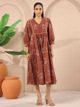 Maroon Floral Printed Cotton Midi Dress