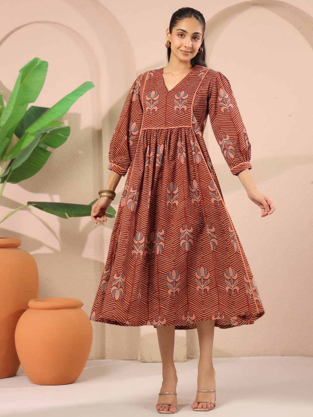 Maroon Floral Printed Cotton Midi Dress