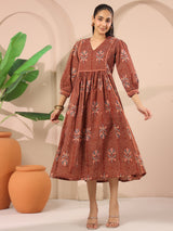Maroon Floral Printed Cotton Midi Dress