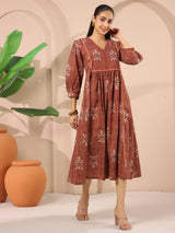 Maroon Floral Printed Cotton Midi Dress