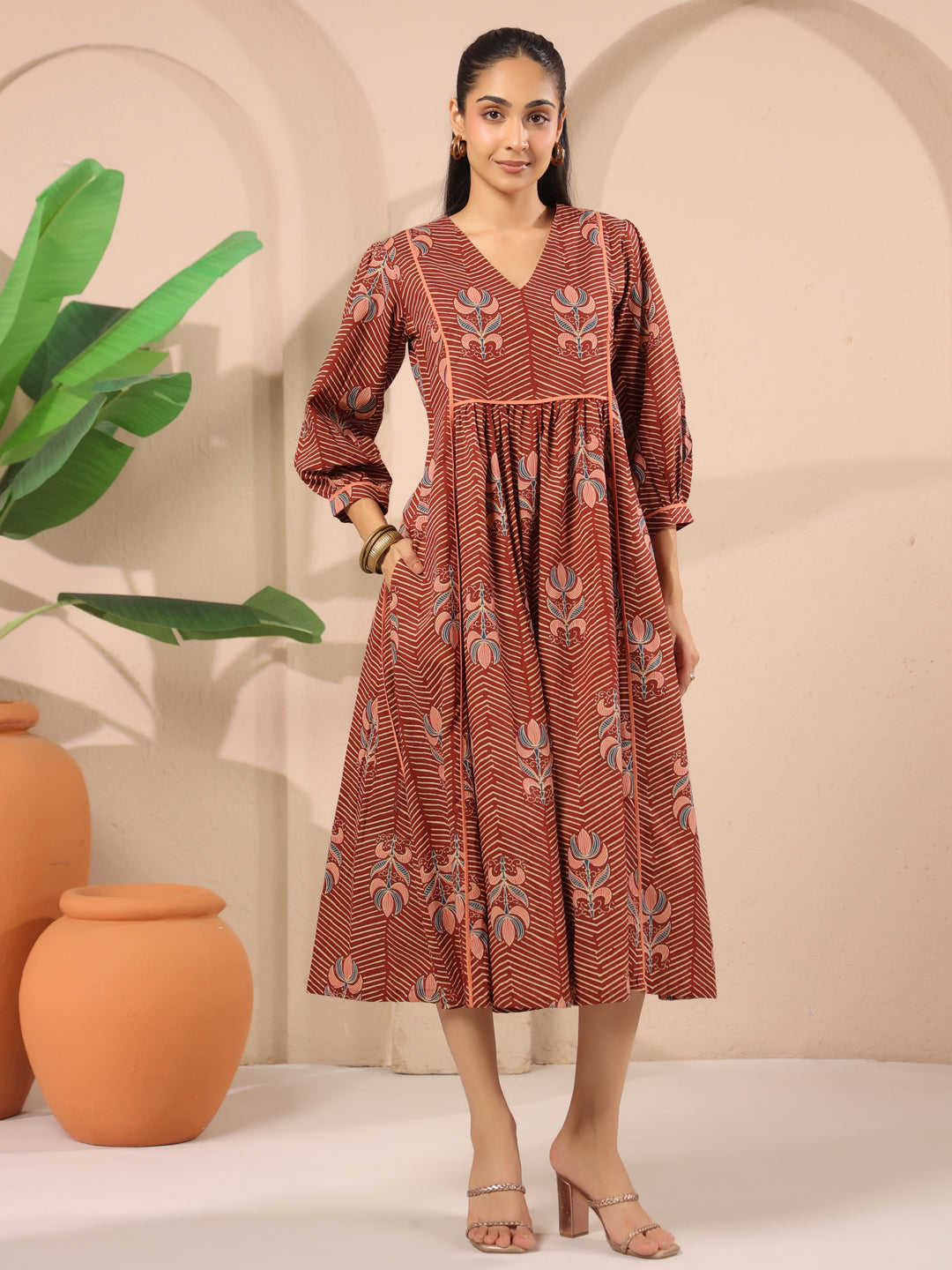 Maroon Floral Printed Cotton Midi Dress
