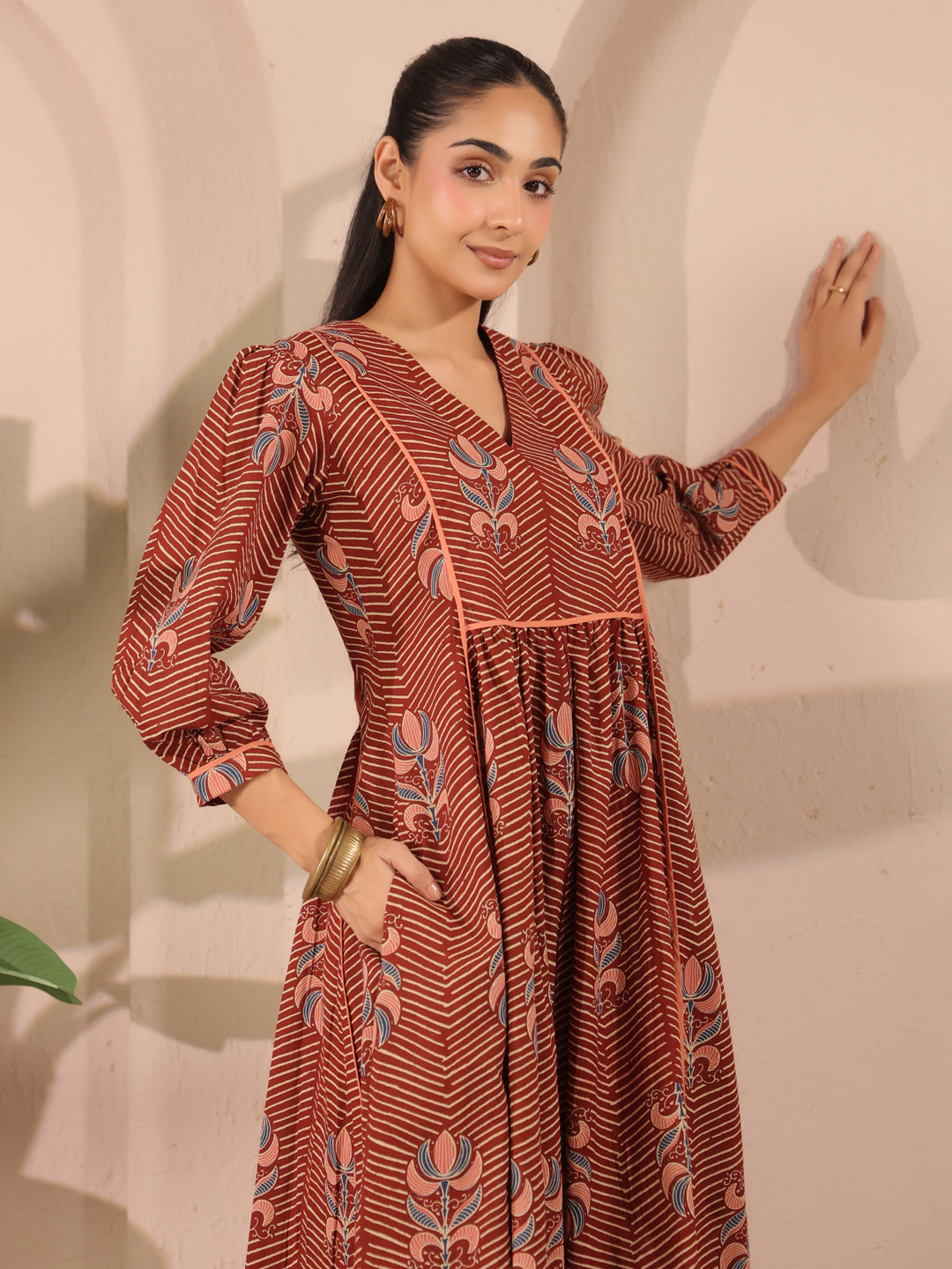 Maroon Floral Printed Cotton Midi Dress