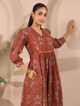 Maroon Floral Printed Cotton Midi Dress