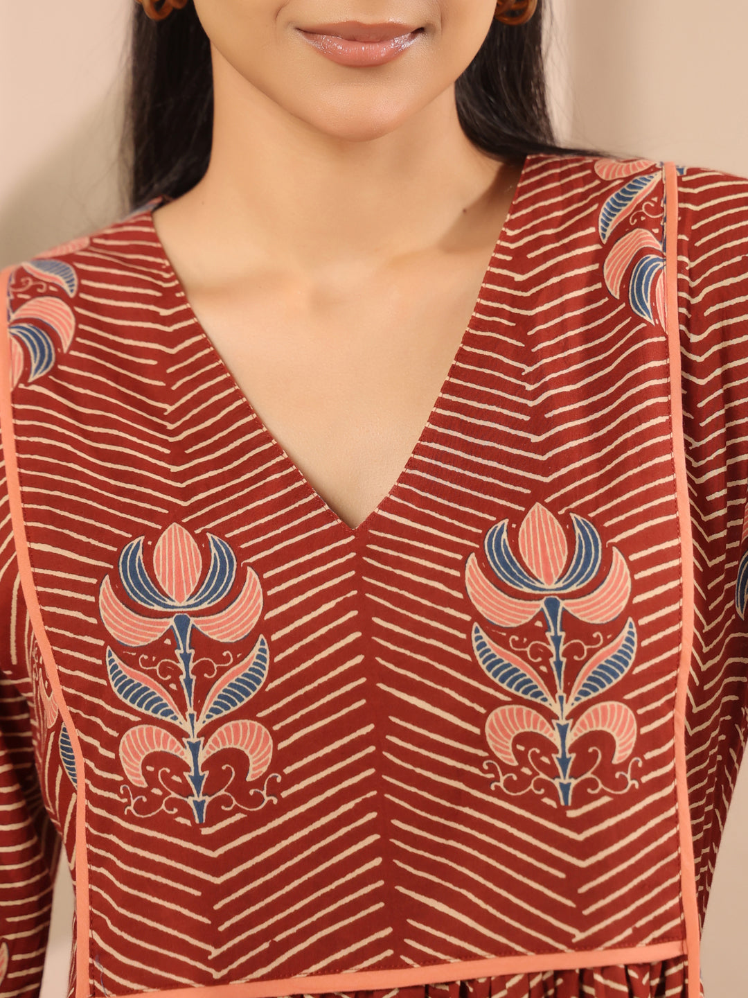Maroon Floral Printed Cotton Midi Dress