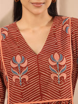 Maroon Floral Printed Cotton Midi Dress