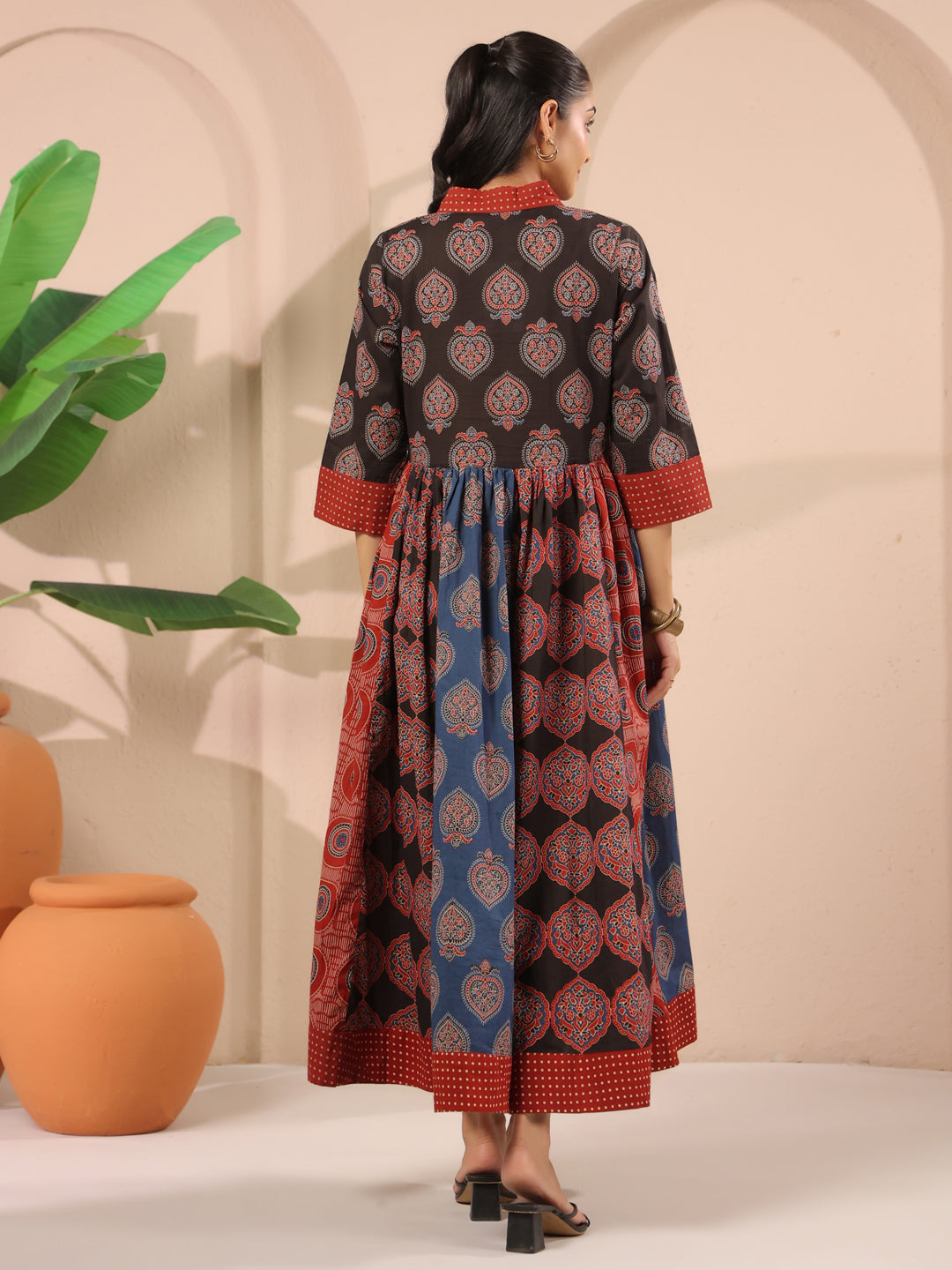 Ajrakh Printed V-Neck Multi Colour Cotton Dress