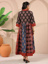 Ajrakh Printed V-Neck Multi Colour Cotton Dress