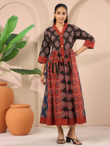 Ajrakh Printed V-Neck Multi Colour Cotton Dress