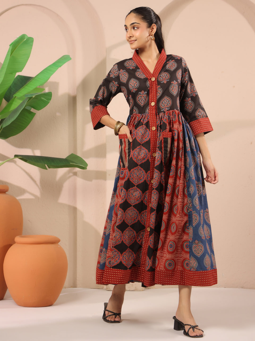 Ajrakh Printed V-Neck Multi Colour Cotton Dress