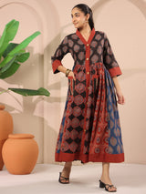 Ajrakh Printed V-Neck Multi Colour Cotton Dress