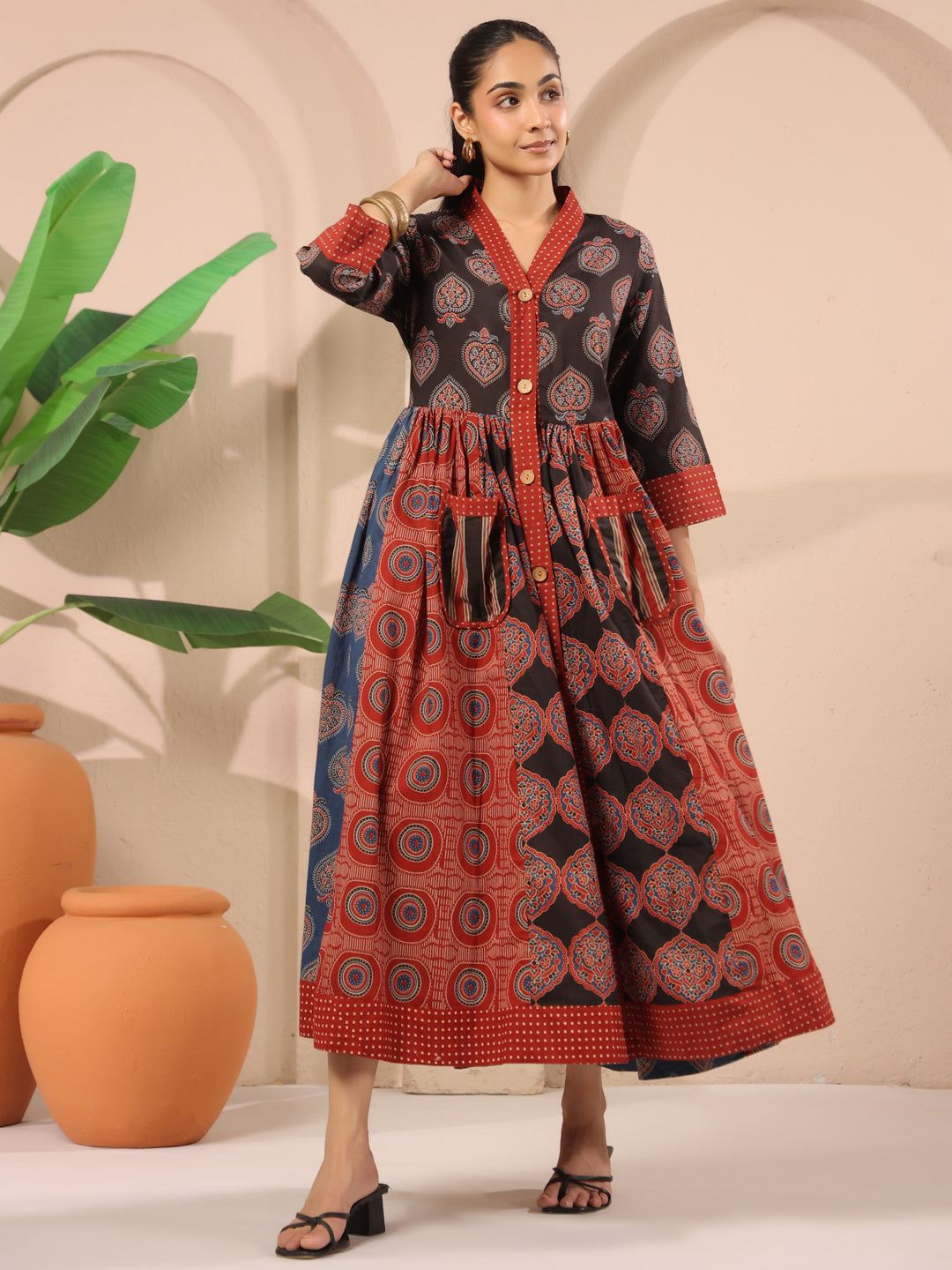 Ajrakh Printed V-Neck Multi Colour Cotton Dress