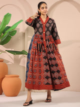 Ajrakh Printed V-Neck Multi Colour Cotton Dress