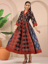 Ajrakh Printed V-Neck Multi Colour Cotton Dress