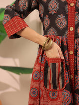 Ajrakh Printed V-Neck Multi Colour Cotton Dress