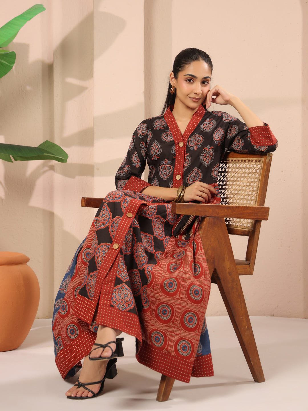 Ajrakh Printed V-Neck Multi Colour Cotton Dress