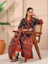 Ajrakh Printed V-Neck Multi Colour Cotton Dress