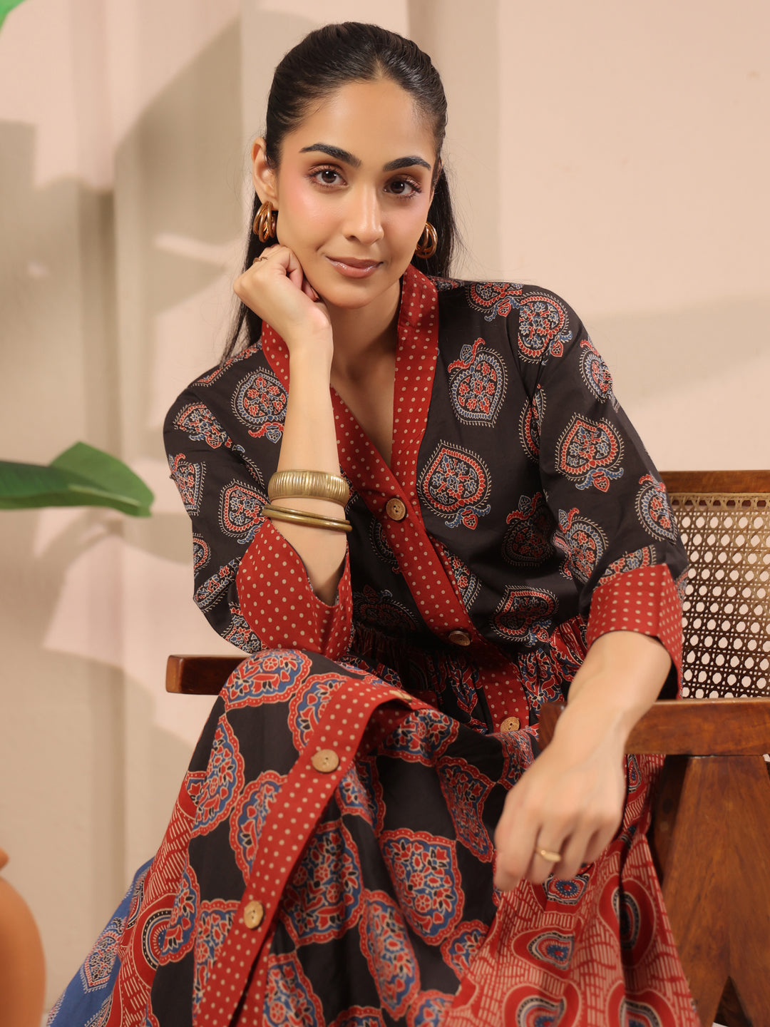 Ajrakh Printed V-Neck Multi Colour Cotton Dress