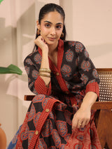 Ajrakh Printed V-Neck Multi Colour Cotton Dress
