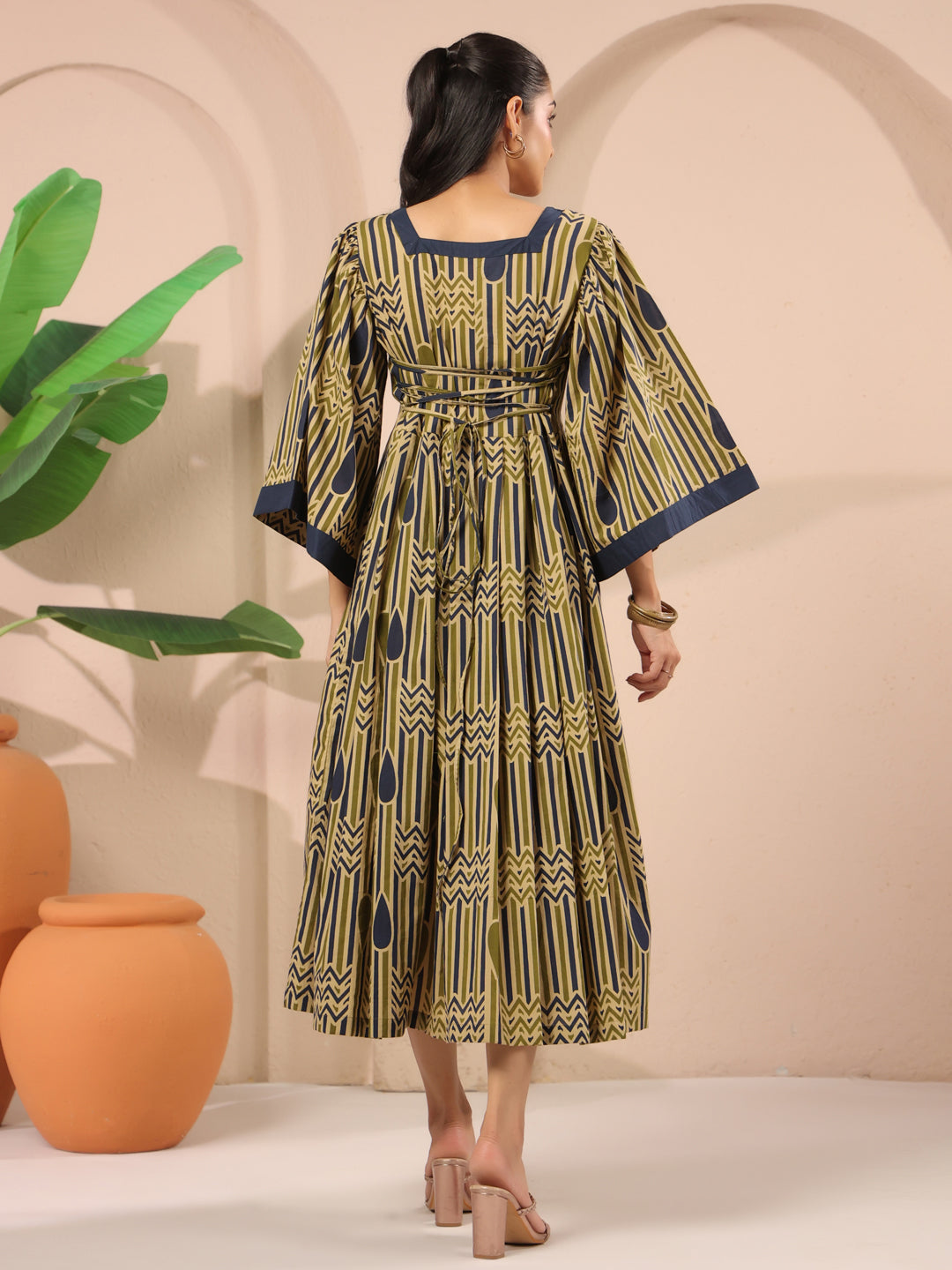 Olive Green Geometric Printed Cotton Corset Midi Dress With Kimono Sleeves
