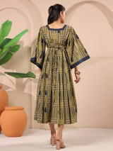 Olive Green Geometric Printed Cotton Corset Midi Dress With Kimono Sleeves