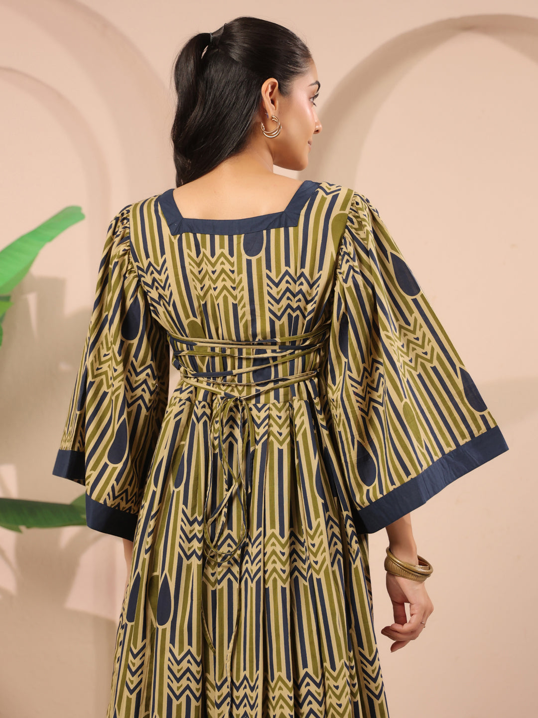Olive Green Geometric Printed Cotton Corset Midi Dress With Kimono Sleeves