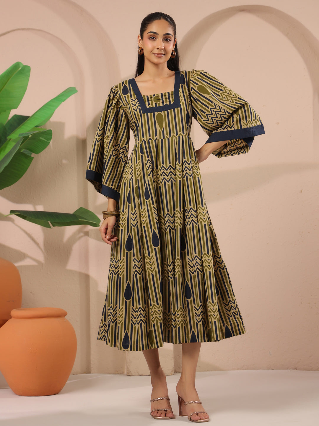 Olive Green Geometric Printed Cotton Corset Midi Dress With Kimono Sleeves