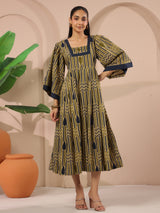 Olive Green Geometric Printed Cotton Corset Midi Dress With Kimono Sleeves
