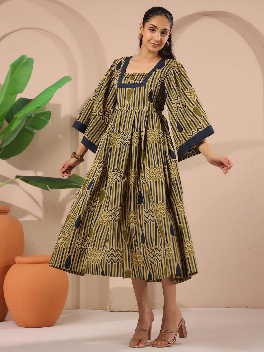 Olive Green Geometric Printed Cotton Corset Midi Dress With Kimono Sleeves
