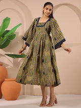 Olive Green Geometric Printed Cotton Corset Midi Dress With Kimono Sleeves