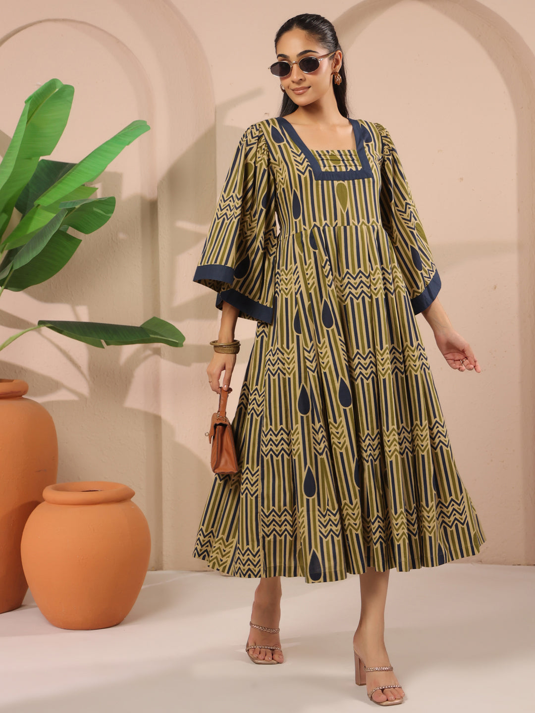 Olive Green Geometric Printed Cotton Corset Midi Dress With Kimono Sleeves