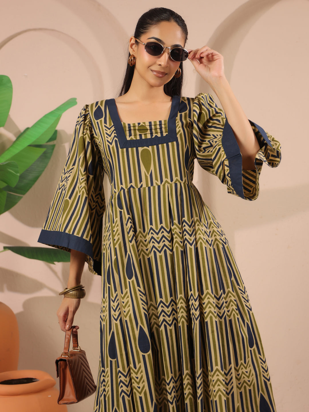 Olive Green Geometric Printed Cotton Corset Midi Dress With Kimono Sleeves