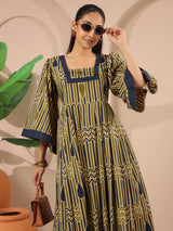 Olive Green Geometric Printed Cotton Corset Midi Dress With Kimono Sleeves