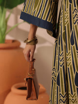 Olive Green Geometric Printed Cotton Corset Midi Dress With Kimono Sleeves