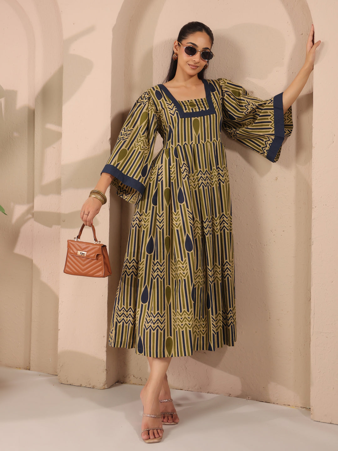 Olive Green Geometric Printed Cotton Corset Midi Dress With Kimono Sleeves