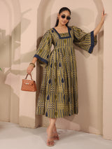 Olive Green Geometric Printed Cotton Corset Midi Dress With Kimono Sleeves