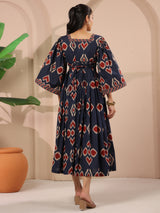 Blue Ikat Printed Cotton Corset-Style Midi Dress