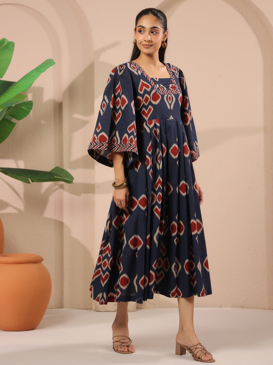 Blue Ikat Printed Cotton Corset-Style Midi Dress