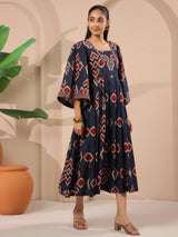 Blue Ikat Printed Cotton Corset-Style Midi Dress