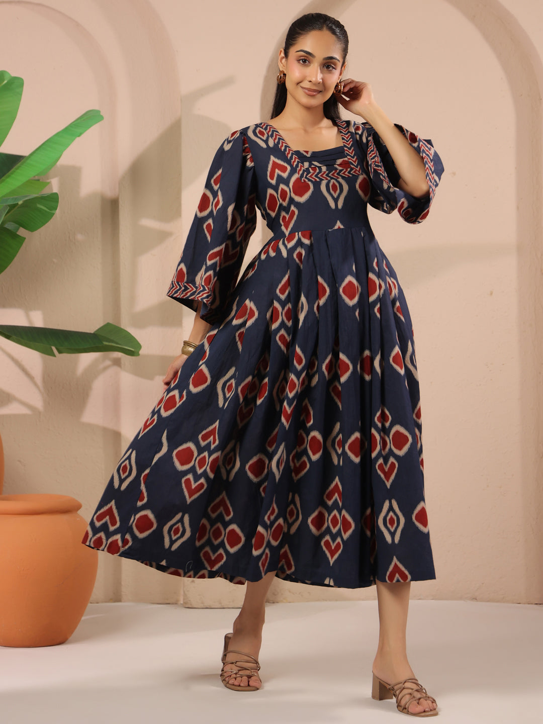 Blue Ikat Printed Cotton Corset-Style Midi Dress