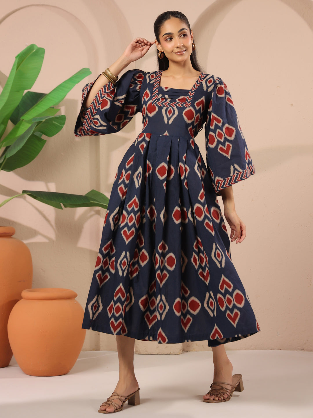 Blue Ikat Printed Cotton Corset-Style Midi Dress