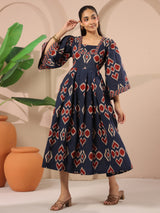 Blue Ikat Printed Cotton Corset-Style Midi Dress