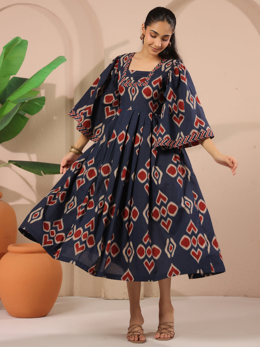 Blue Ikat Printed Cotton Corset-Style Midi Dress