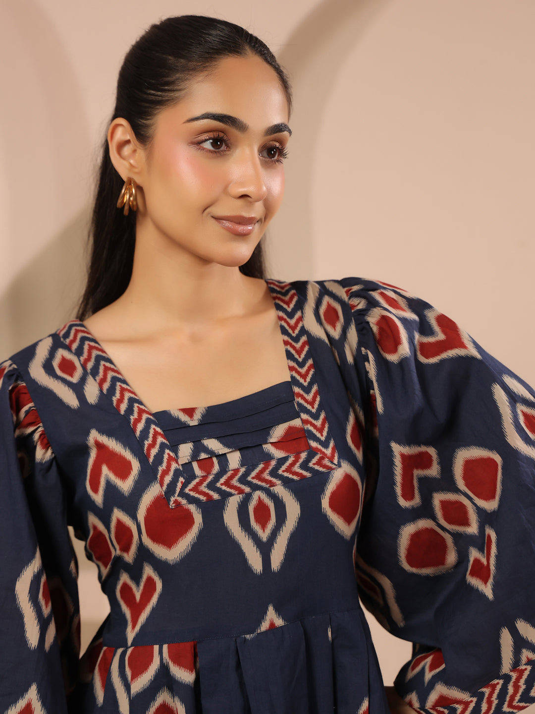 Blue Ikat Printed Cotton Corset-Style Midi Dress